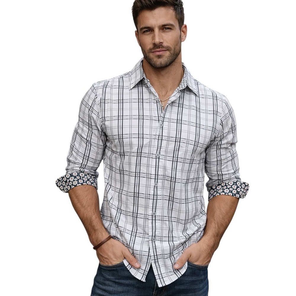 Men’s Bugatchi Large White Black Plaid Long Sleeve Button Up Floral Cotton Shirt
